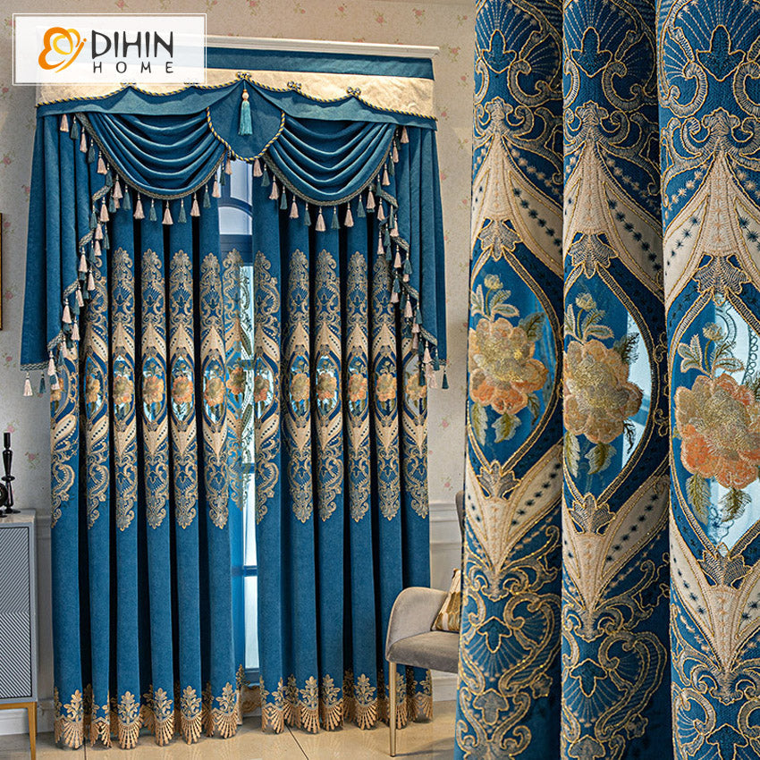 DIHINHOME Home Textile European Curtain DIHIN HOME Blue Color Custom Embrodeired Valance,Blackout Curtains Grommet Window Curtain for Living Room ,52x84-inch,1 Panel