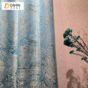 DIHINHOME Home Textile European Curtain DIHIN HOME Chinese Landscape Painting High Precision Jacquard,Grommet Window Curtain for Living Room