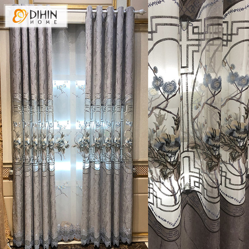 DIHINHOME Home Textile European Curtain DIHIN HOME Chinese Style Foral Embroidered,Blackout Curtains Grommet Window Curtain for Living Room ,52x84-inch,1 Panel