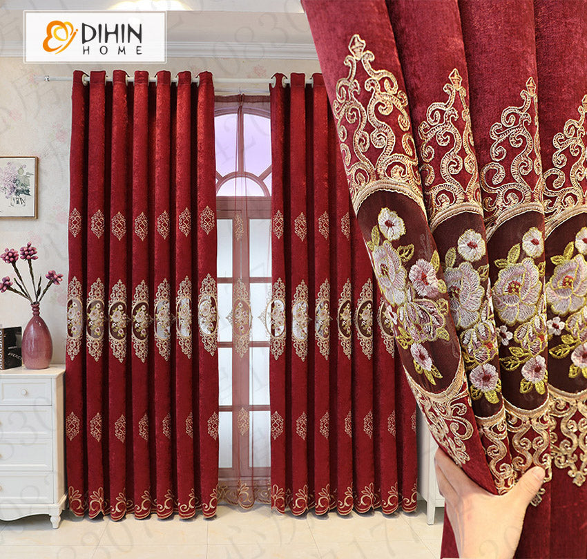 DIHINHOME Home Textile European Curtain DIHIN HOME Chinese Style Red Embroidered,Blackout Curtains Grommet Window Curtain for Living Room ,52x84-inch,1 Panel