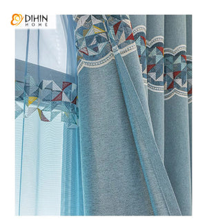 DIHINHOME Home Textile European Curtain DIHIN HOME European Blue Color Embroidered,Blackout Grommet Window Curtain for Living Room,52x63-inch,1 Panel