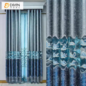 DIHINHOME Home Textile European Curtain DIHIN HOME European Blue Color Embroidered,Blackout Grommet Window Curtain for Living Room ,52x63-inch,1 Panel