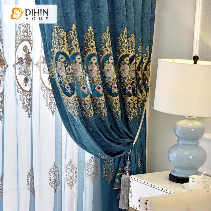 DIHINHOME Home Textile European Curtain DIHIN HOME European Blue Color Foral Emboridered,Blackout Curtains Grommet Window Curtain for Living Room ,52x84-inch,1 Panel