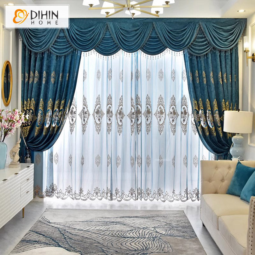 DIHINHOME Home Textile European Curtain DIHIN HOME European Blue Color Foral Emboridered,Blackout Curtains Grommet Window Curtain for Living Room ,52x84-inch,1 Panel