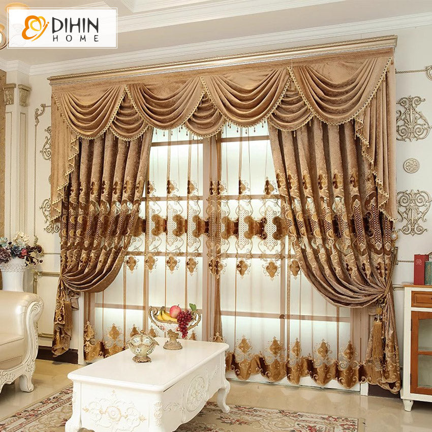DIHINHOME Home Textile European Curtain DIHIN HOME European Coffee Color Emboridered,Blackout Curtains Grommet Window Curtain for Living Room ,52x84-inch,1 Panel