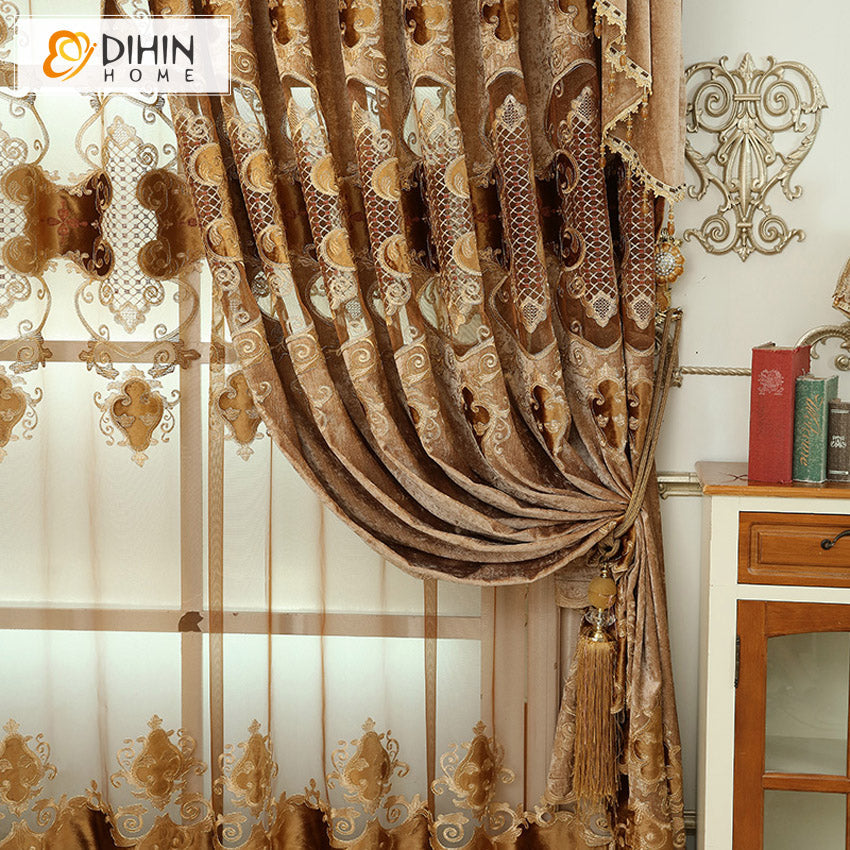 DIHINHOME Home Textile European Curtain DIHIN HOME European Coffee Color Emboridered,Blackout Curtains Grommet Window Curtain for Living Room ,52x84-inch,1 Panel