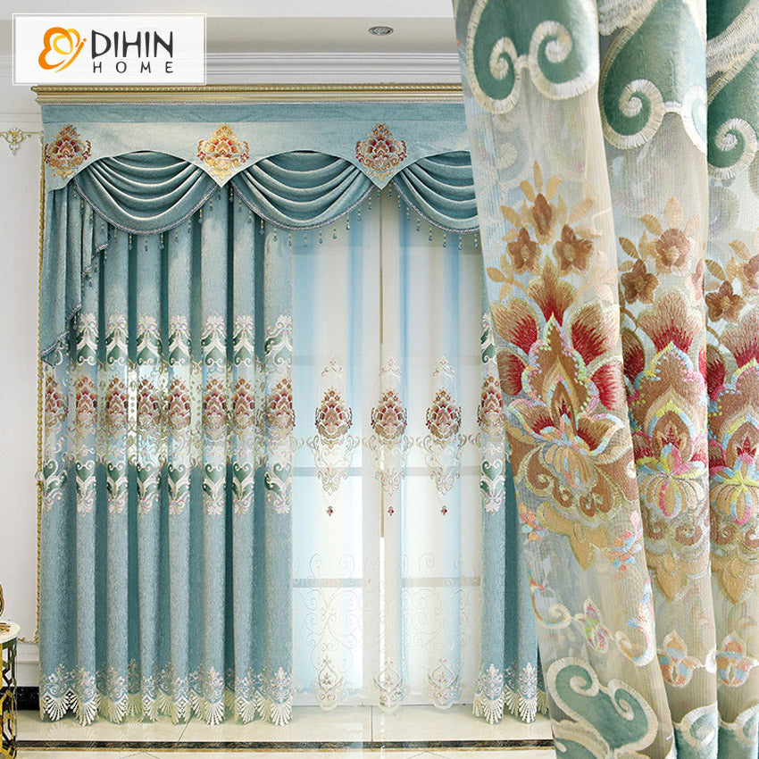 DIHINHOME Home Textile European Curtain DIHIN HOME European Foral Embroidered Valance,Blackout Curtains Grommet Window Curtain for Living Room ,52x84-inch,1 Panel