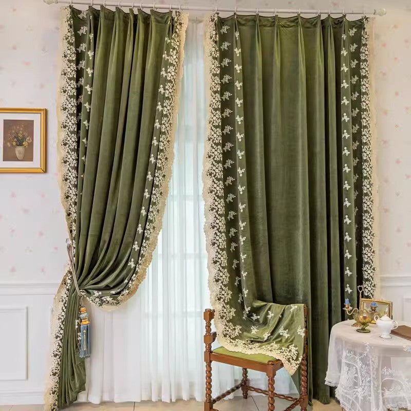 DIHINHOME Home Textile European Curtain DIHIN HOME European Luxury Green With Embroidered Lace,Grommet Window Curtain for Living Room,Customzied Curtains