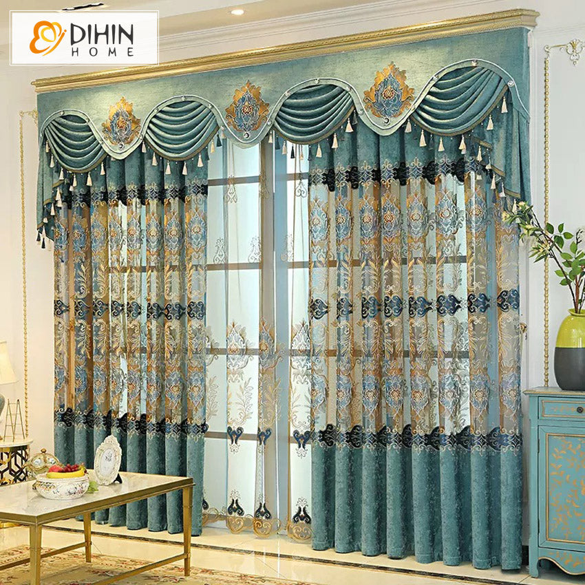 DIHINHOME Home Textile European Curtain DIHIN HOME European Roral Embroidered Valance,Blackout Curtains Grommet Window Curtain for Living Room ,52x84-inch,1 Panel