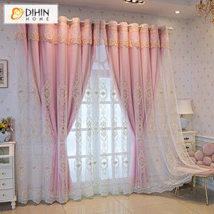 DIHINHOME Home Textile European Curtain DIHIN HOME High Quality Pink Color Embroideried,Blackout Curtains With Sheer Grommet Window Curtain for Living Room ,52x84-inch,1 Panel