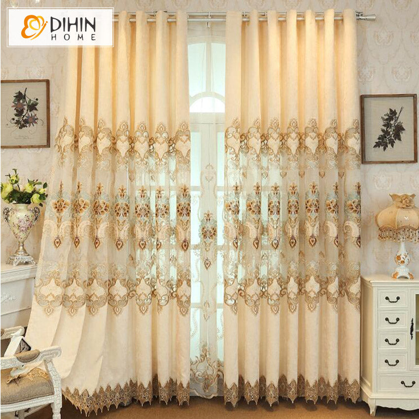 DIHINHOME Home Textile European Curtain DIHIN HOME Luxury Beige Color Floral Embroidery,Blackout Curtains Grommet Window Curtain for Living Room ,52x84-inch,1 Panel
