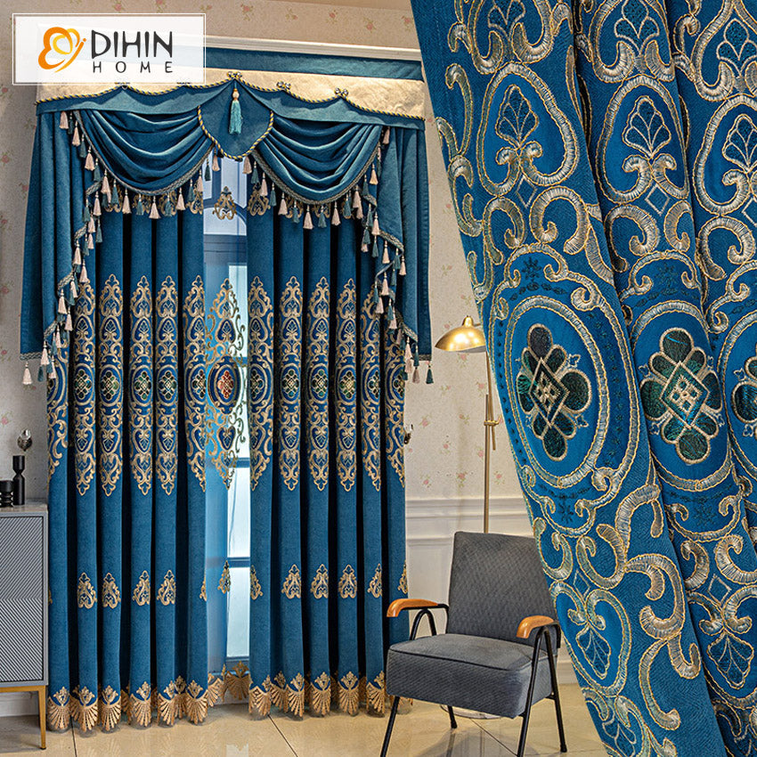 DIHINHOME Home Textile European Curtain DIHIN HOME Luxury Blue Color Embroidered,Blackout Curtains Grommet Window Curtain for Living Room ,52x84-inch,1 Panel