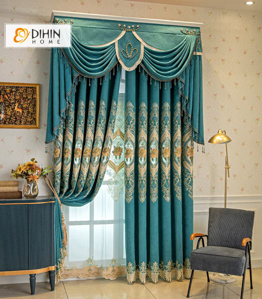 DIHINHOME Home Textile European Curtain DIHIN HOME Luxury Blue Color Embroidered Curtains,Grommet Window Curtain for Living Room,52x63-inch,1 Panel