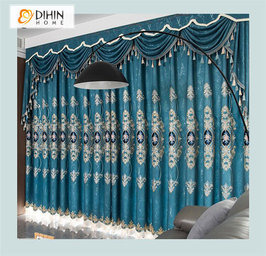 DIHIN HOME Blue and Beige Velvet Valance ,Blackout Curtains Grommet Window  Curtain for Living Room ,52x84-inch,1 Panel