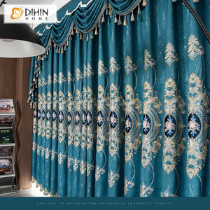 DIHINHOME Home Textile European Curtain DIHIN HOME Luxury Blue Color Embroidered Valance,Blackout Curtains Grommet Window Curtain for Living Room ,52x84-inch,1 Panel