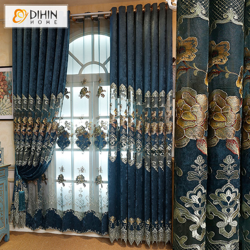 DIHINHOME Home Textile European Curtain DIHIN HOME Luxury Blue Color Embroidery,Blackout Curtains Grommet Window Curtain for Living Room ,52x84-inch,1 Panel