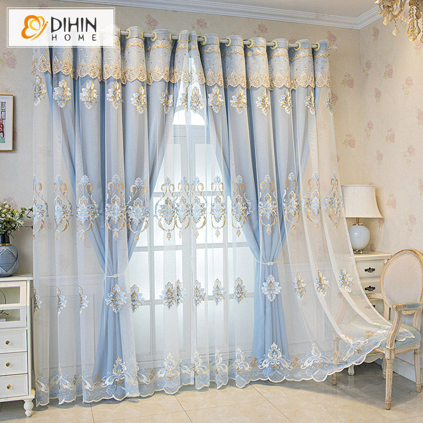 DIHINHOME Home Textile European Curtain DIHIN HOME Luxury Blue Color Embroidery,Blackout Curtains With Sheer Grommet Window Curtain for Living Room ,52x84-inch,1 Panel