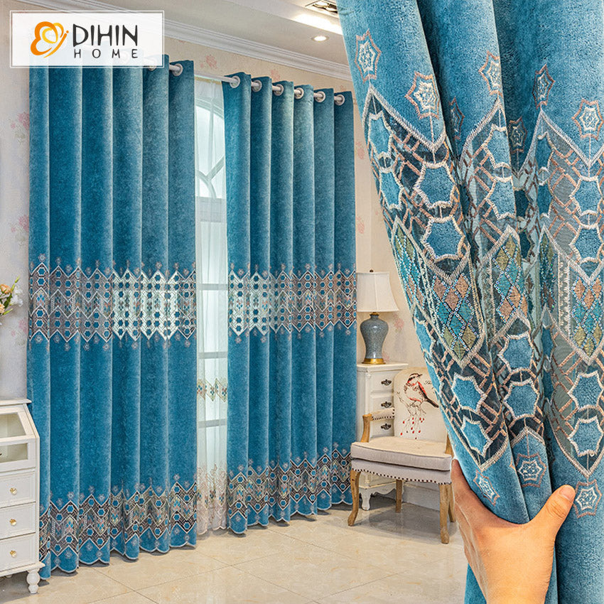 DIHINHOME Home Textile European Curtain DIHIN HOME Luxury Blue Color Geometric,Blackout Curtains Grommet Window Curtain for Living Room ,52x84-inch,1 Panel