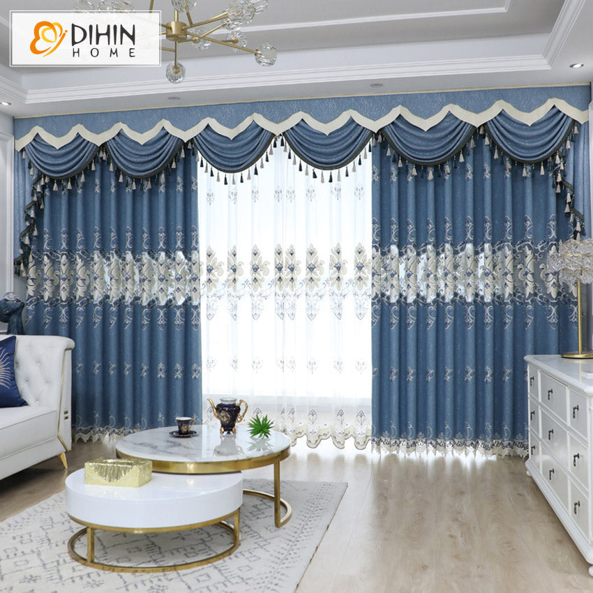 DIHINHOME Home Textile European Curtain DIHIN HOME Luxury Blue Emboridered,Blackout Curtains Grommet Window Curtain for Living Room ,52x84-inch,1 Panel
