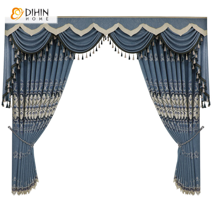 DIHINHOME Home Textile European Curtain DIHIN HOME Luxury Blue Emboridered,Blackout Curtains Grommet Window Curtain for Living Room ,52x84-inch,1 Panel