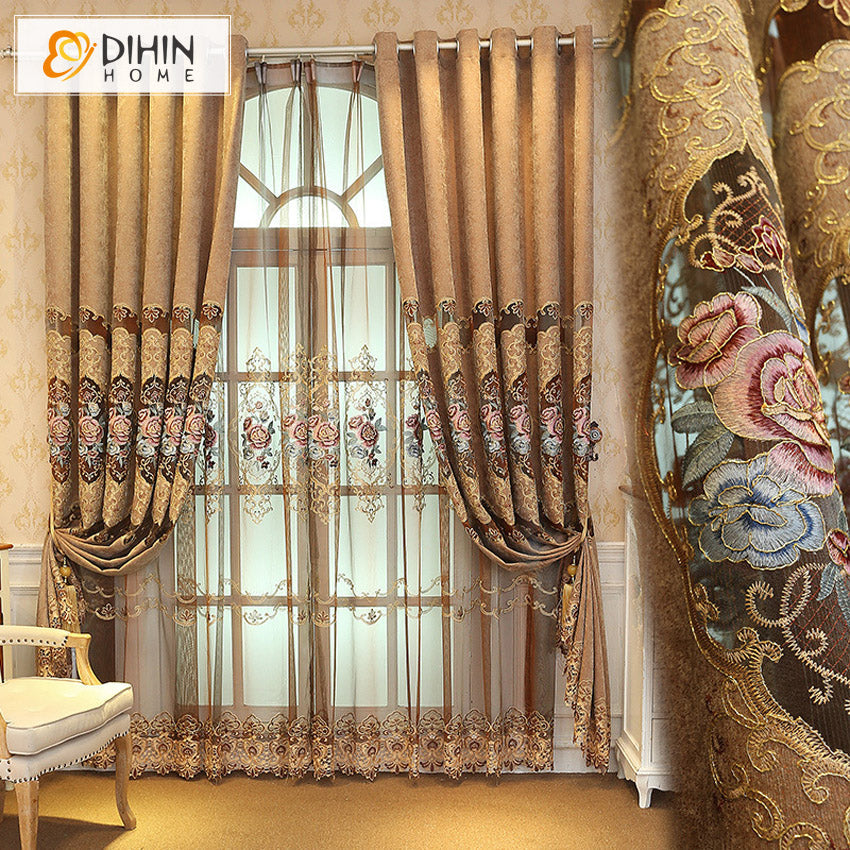 DIHINHOME Home Textile European Curtain DIHIN HOME Luxury Coffee Color Embroidered Valance,Blackout Curtains Grommet Window Curtain for Living Room ,52x84-inch,1 Panel