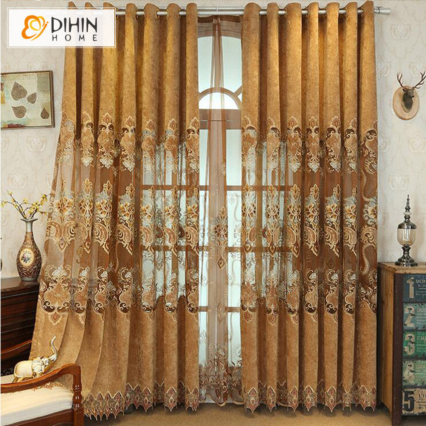DIHINHOME Home Textile European Curtain DIHIN HOME Luxury Coffee Color Floral Embroidery,Blackout Curtains Grommet Window Curtain for Living Room ,52x84-inch,1 Panel