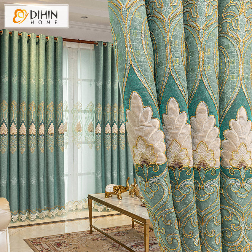 DIHINHOME Home Textile European Curtain DIHIN HOME Luxury Green Flowers Embroidery,Blackout Curtains Grommet Window Curtain for Living Room ,52x84-inch,1 Panel