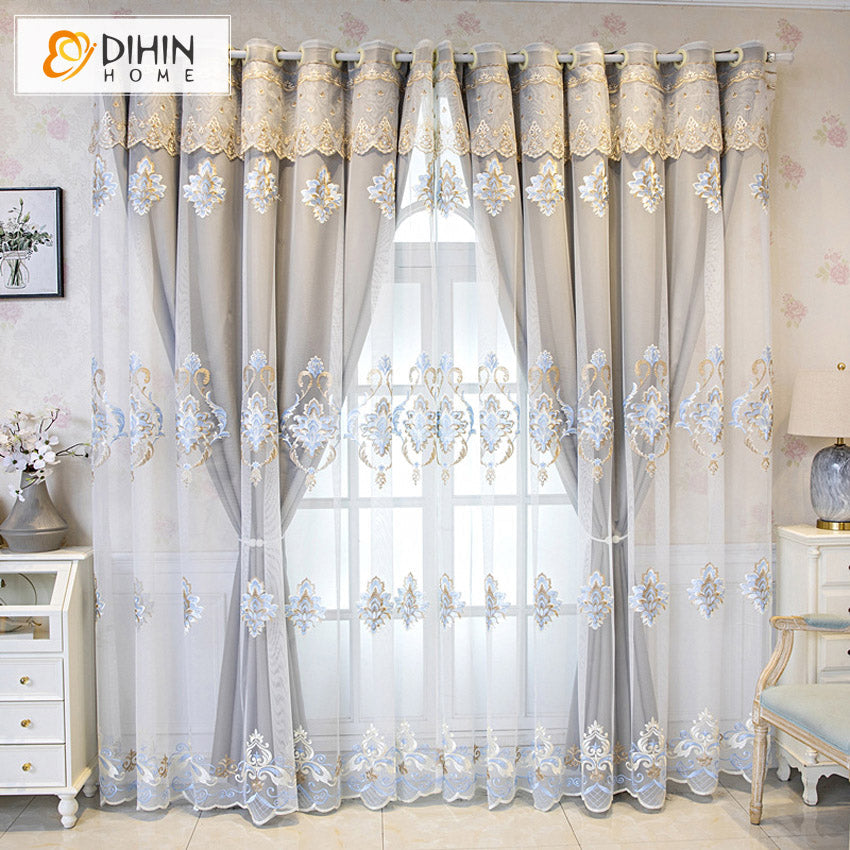 DIHINHOME Home Textile European Curtain DIHIN HOME Luxury Grey Color Embroidery,Blackout Curtains With Sheer Grommet Window Curtain for Living Room ,52x84-inch,1 Panel