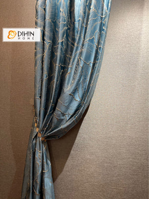 DIHIN HOME Luxury High Precision Blue Leaves Jacquard,Grommet Window Curtain for Living Room