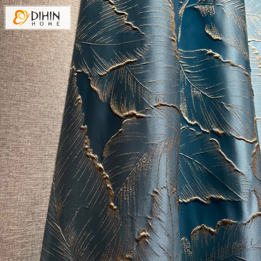 DIHINHOME Home Textile European Curtain DIHIN HOME Luxury High Precision Blue Leaves Jacquard,Grommet Window Curtain for Living Room