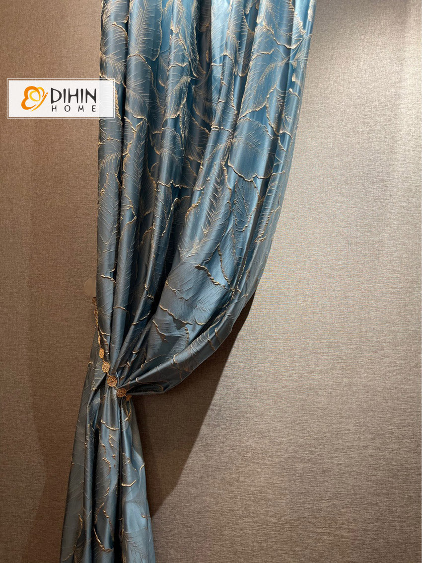 DIHINHOME Home Textile European Curtain DIHIN HOME Luxury High Precision Blue Leaves Jacquard,Grommet Window Curtain for Living Room