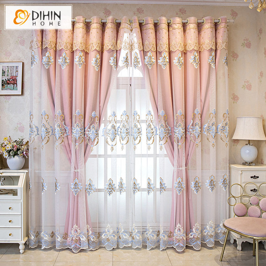 DIHINHOME Home Textile European Curtain DIHIN HOME Luxury Pink Color Embroidery,Blackout Curtains With Sheer Grommet Window Curtain for Living Room ,52x84-inch,1 Panel