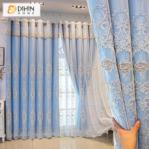 DIHINHOME Home Textile European Curtain DIHIN HOME Luxury Sky Blue Color Embroidery,Blackout Curtains With Sheer Grommet Window Curtain for Living Room ,52x84-inch,1 Panel