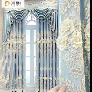 DIHINHOME Home Textile European Curtain DIHIN HOME Pastoral Blue Embroidered Valance,Blackout Curtains Grommet Window Curtain for Living Room ,52x84-inch,1 Panel