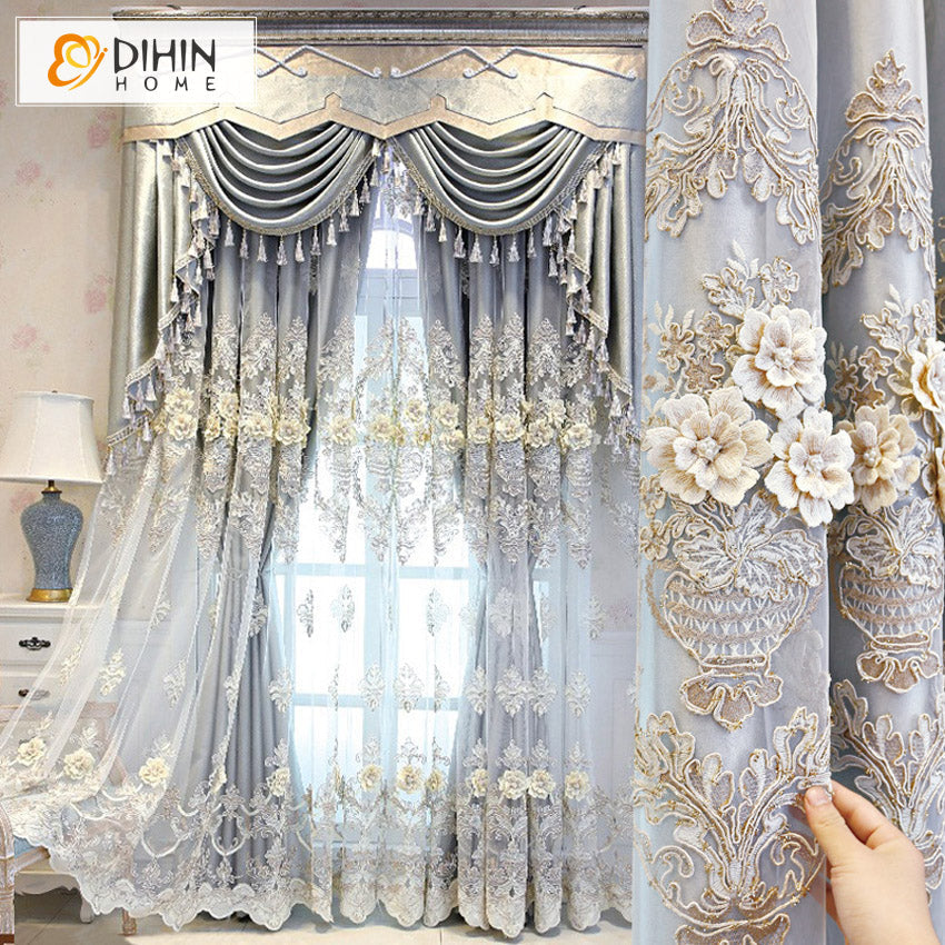 DIHINHOME Home Textile European Curtain DIHIN HOME Pastoral Grey Embroidered Valance,Blackout Curtains Grommet Window Curtain for Living Room ,52x84-inch,1 Panel