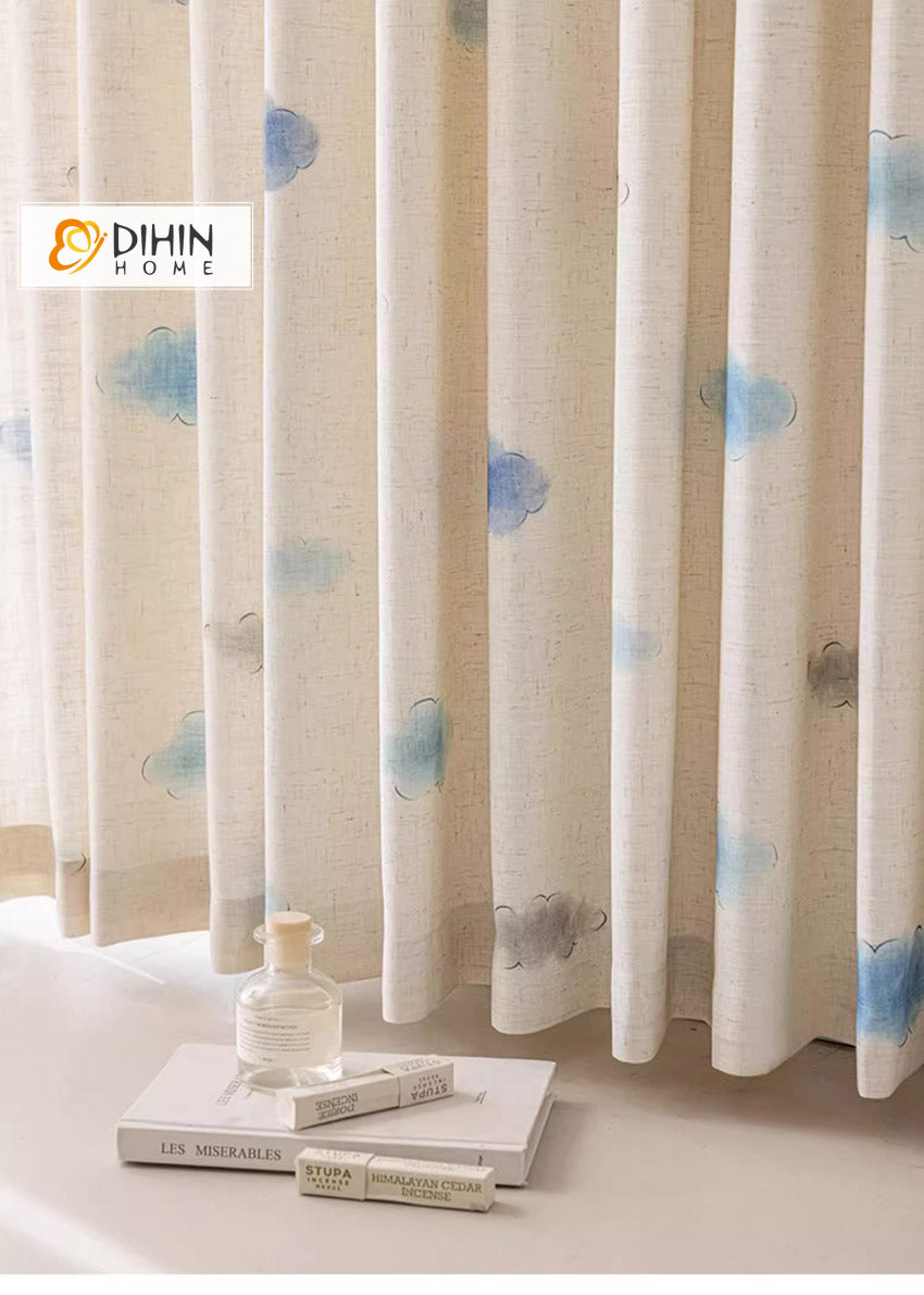 DIHINHOME Home Textile Kid's Curtain DIHIN HOME Cartoon Abstract Blue Clouds Printed,Blackout Grommet Window Curtain for Living Room ,52x63-inch,1 Panel