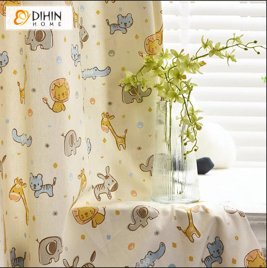 DIHINHOME Home Textile Kid's Curtain DIHIN HOME Cartoon Animals Printed,Half Blackout Grommet Window Curtain for Living Room ,52x63-inch,1 Panel