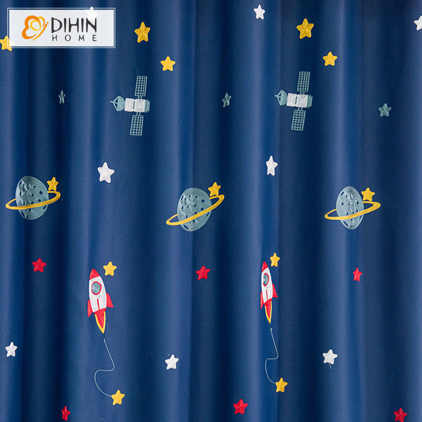 DIHINHOME Home Textile Kid's Curtain DIHIN HOME Cartoon Blue Embroidered,Blackout Grommet Window Curtain for Living Room,52x63-inch,1 Panel