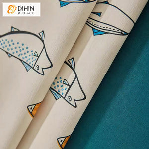 DIHINHOME Home Textile Kid's Curtain DIHIN HOME Cartoon Fish Printed,Blackout Grommet Window Curtain for Living Room ,52x63-inch,1 Panel