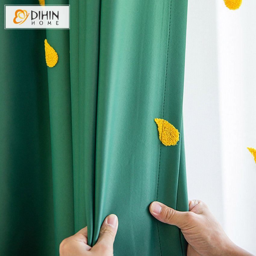 DIHINHOME Home Textile Kid's Curtain DIHIN HOME Cartoon Green Raindrop Embroidered,Blackout Grommet Window Curtain for Living Room,52x63-inch,1 Panel