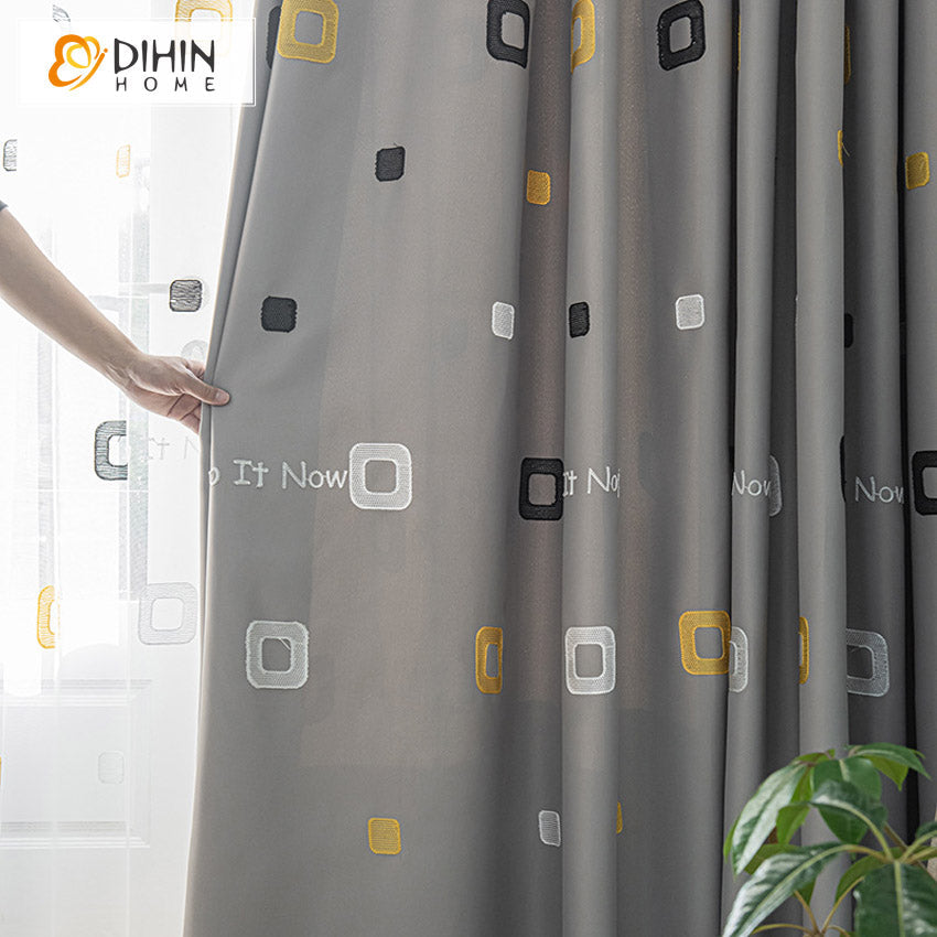 DIHINHOME Home Textile Kid's Curtain DIHIN HOME Cartoon Grey Geometric Embroidered,Blackout Grommet Window Curtain for Living Room,52x63-inch,1 Panel