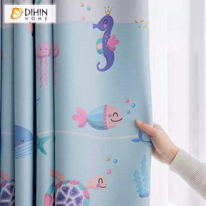 DIHINHOME Home Textile Kid's Curtain DIHIN HOME Cartoon Little Seahorse Printed,Blackout Grommet Window Curtain for Living Room,52x63-inch,1 Panel