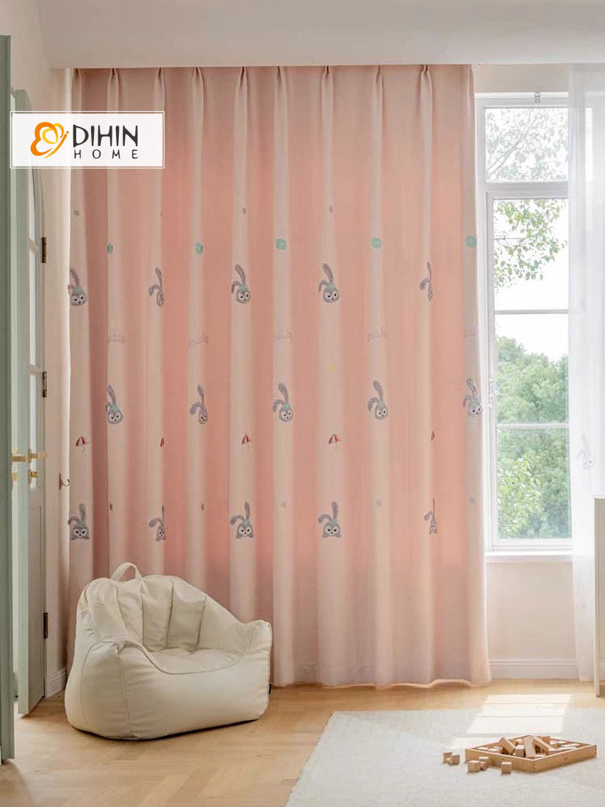 DIHINHOME Home Textile Kid's Curtain DIHIN HOME Cartoon Pink Rabbits Embroidered,Blackout Grommet Window Curtain for Living Room ,52x63-inch,1 Panel