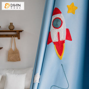DIHINHOME Home Textile Kid's Curtain DIHIN HOME Cartoon Sky Blue Embroidered,Blackout Grommet Window Curtain for Living Room,52x63-inch,1 Panel
