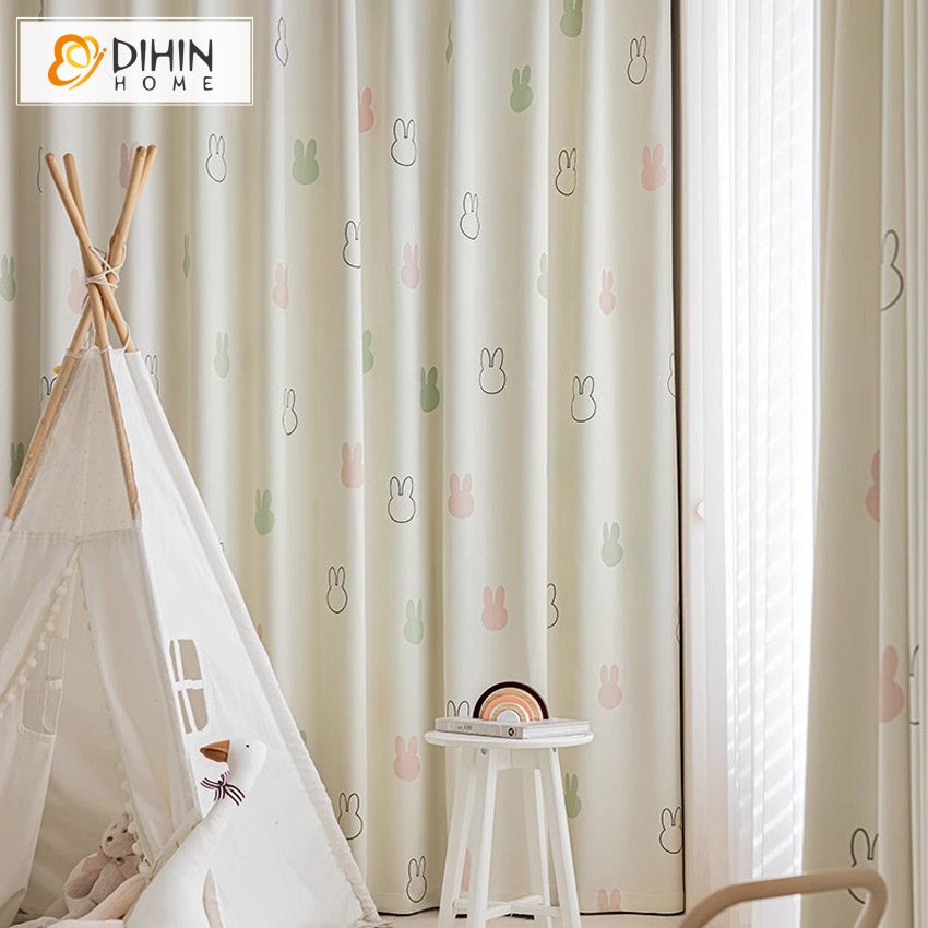 DIHINHOME Home Textile Kid's Curtain DIHIN HOME Cartoon Thickness Rabbit Printed,Blackout Grommet Window Curtain for Living Room ,52x63-inch,1 Panel