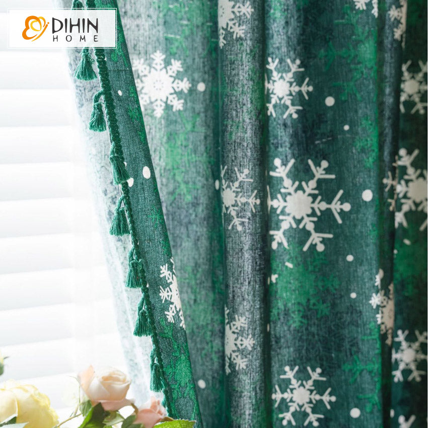 DIHINHOME Home Textile Modern Curtain DIHIN HOME Green Christmas Snowflakes Painting Printed,Blackout Grommet Window Curtain for Living Room ,52x63-inch,1 Panel