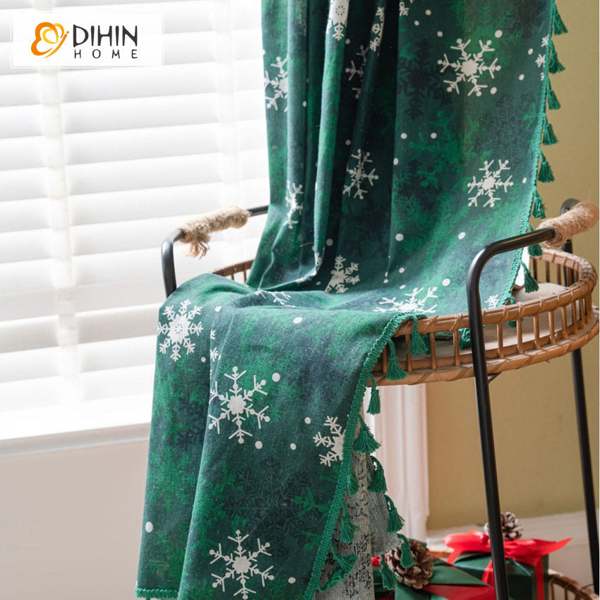 DIHINHOME Home Textile Modern Curtain DIHIN HOME Green Christmas Snowflakes Painting Printed,Blackout Grommet Window Curtain for Living Room ,52x63-inch,1 Panel