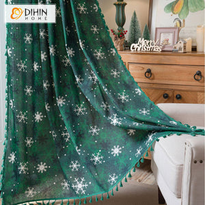 DIHINHOME Home Textile Modern Curtain DIHIN HOME Green Christmas Snowflakes Painting Printed,Blackout Grommet Window Curtain for Living Room ,52x63-inch,1 Panel