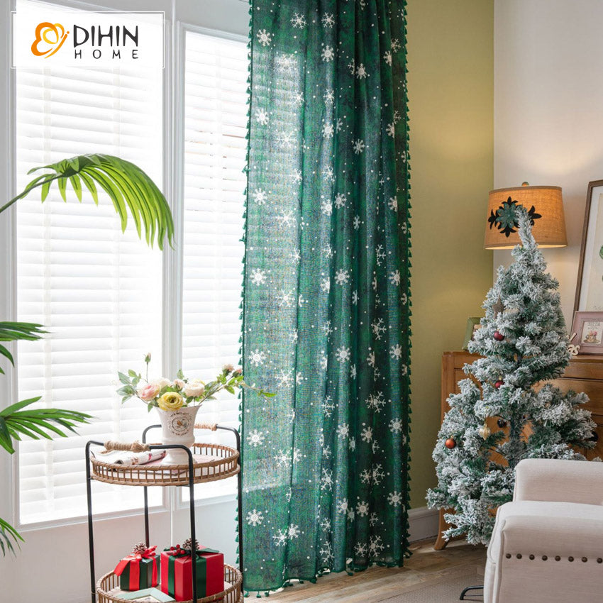 DIHINHOME Home Textile Modern Curtain DIHIN HOME Green Christmas Snowflakes Painting Printed,Blackout Grommet Window Curtain for Living Room ,52x63-inch,1 Panel