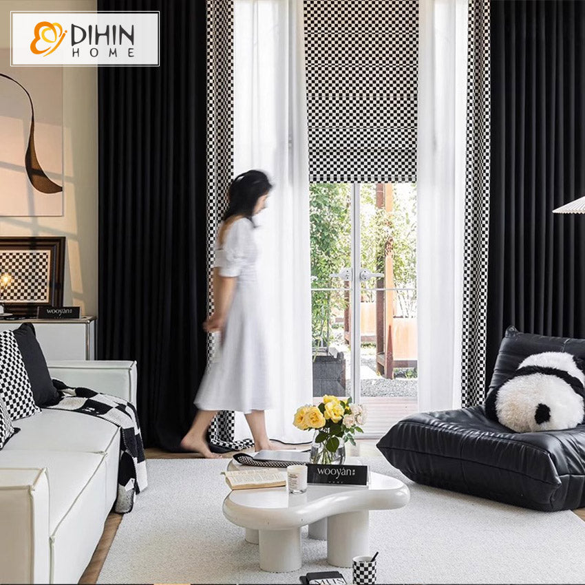 DIHINHOME Home Textile Modern Curtain DIHIN HOME Modern Black Color With Plaid Fabric,Blackout Grommet Window Curtain For Living Room ,52x63-inch,1  Panel